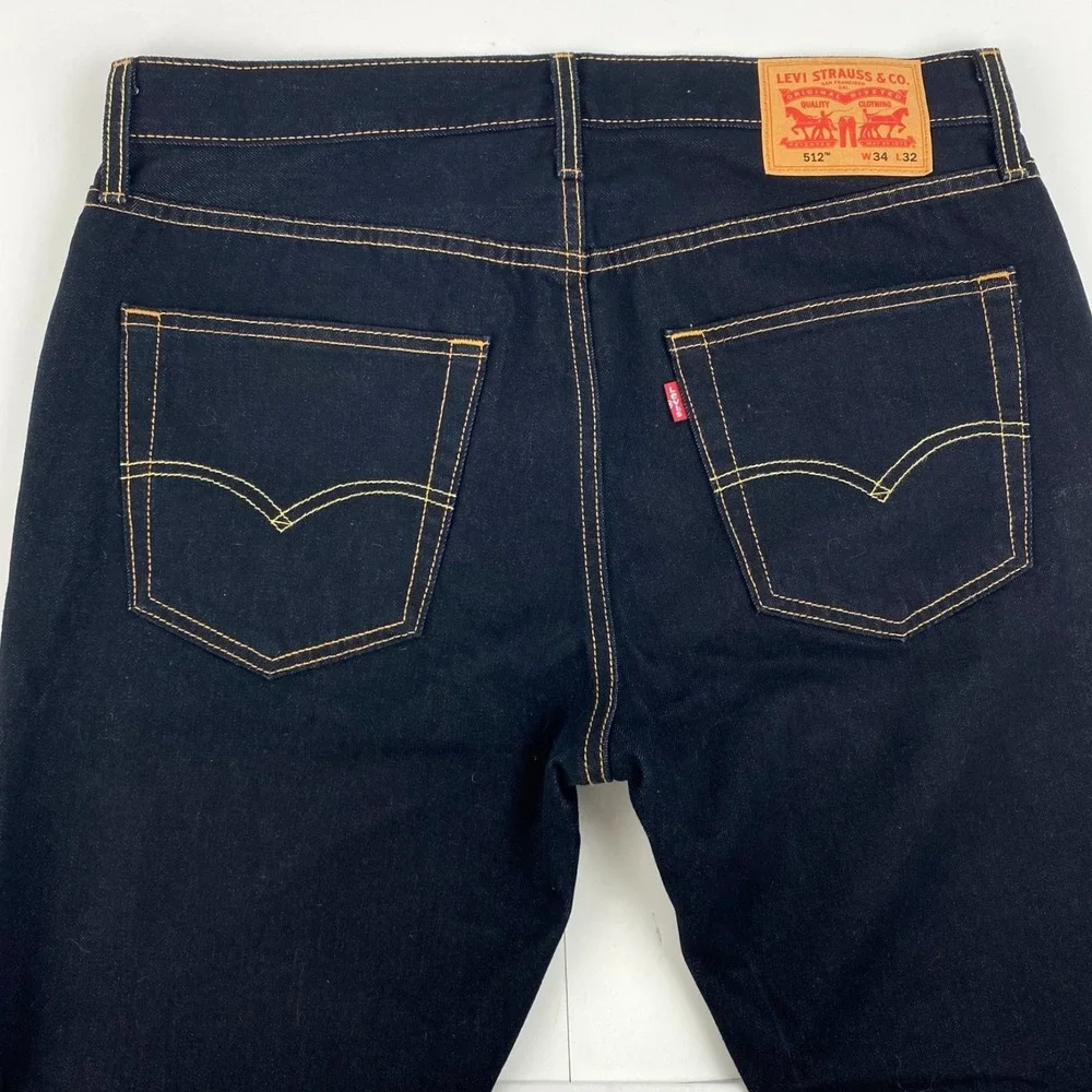 New Levis 512 Denim Jeans Men's 34 x 32 Dark Blue Taper Pants Cotton Blend, Fine